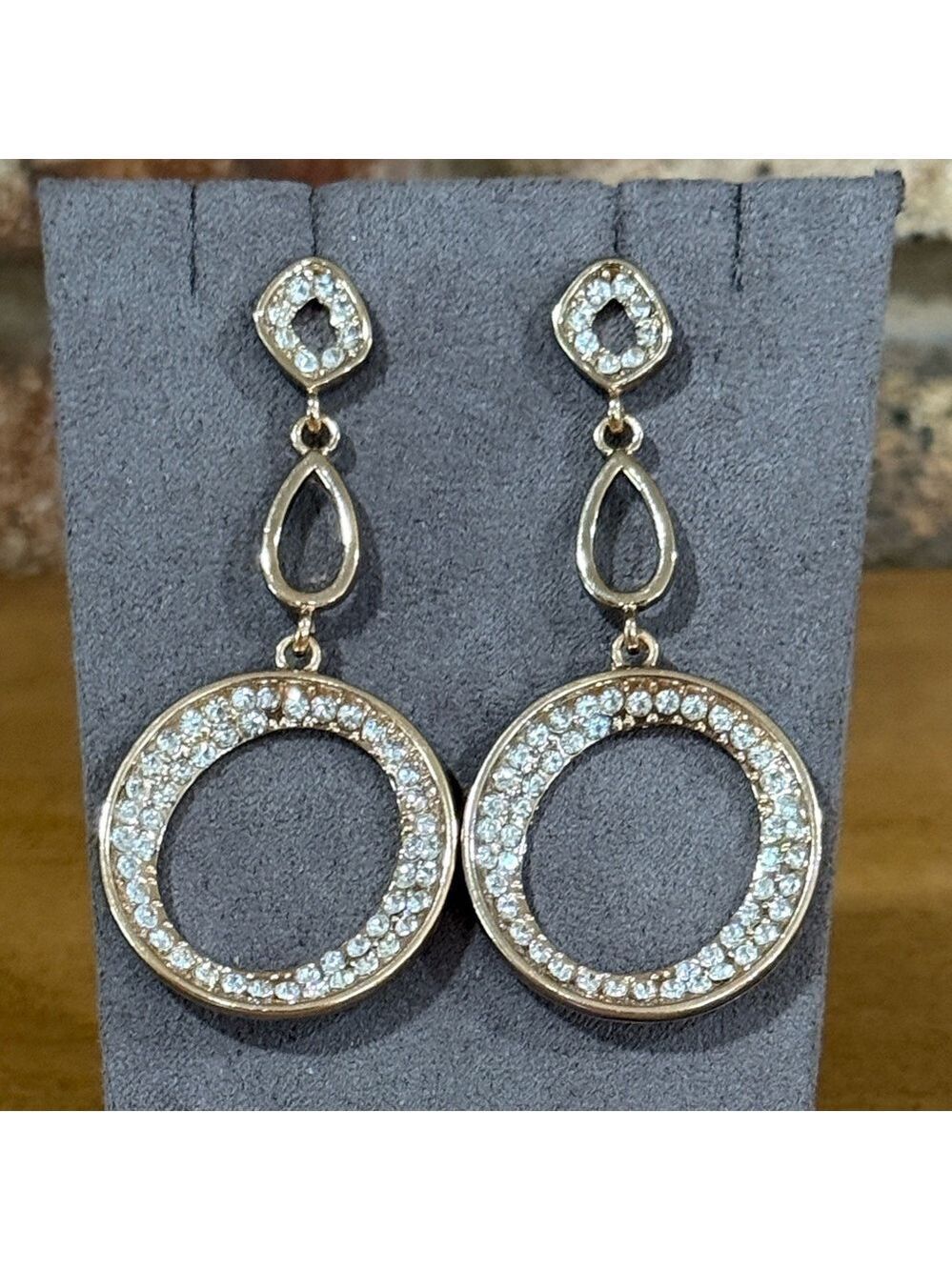 Rhinestone gold tone dangle open loop earrings